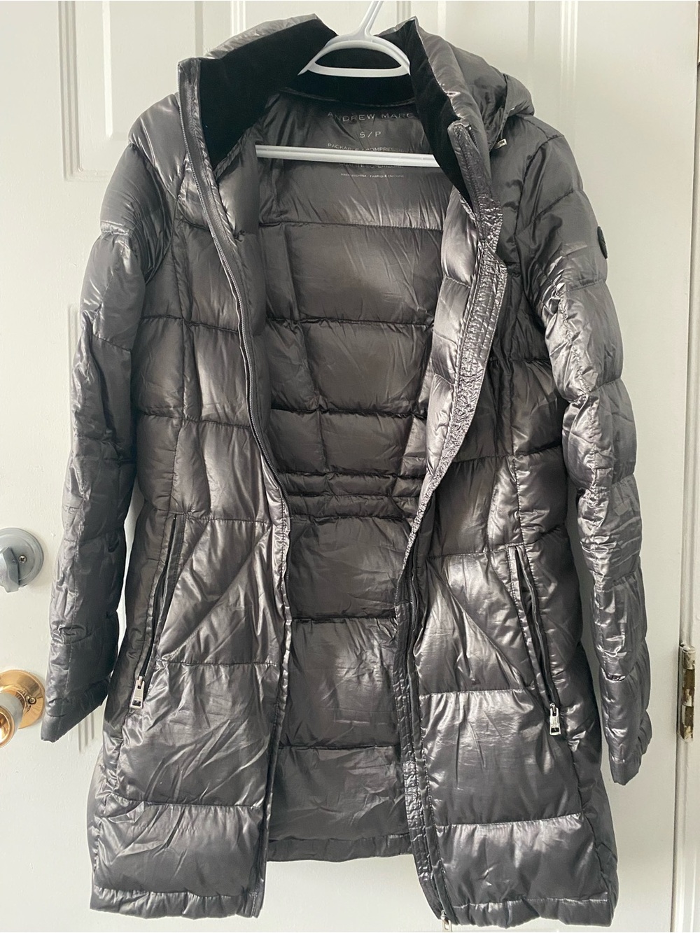Andrew Marc Metallic Gray Quilted Hooded Puffer Coat